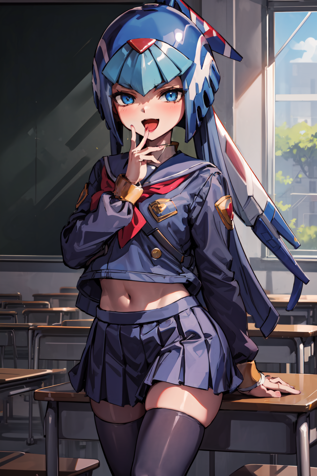 00487-1945000969-masterpiece,best quality,1girl,leviathan_megamanz,blue eyes,android,helmet,thighhighs,((school uniform,skirt)),(smug,open mouth,.png